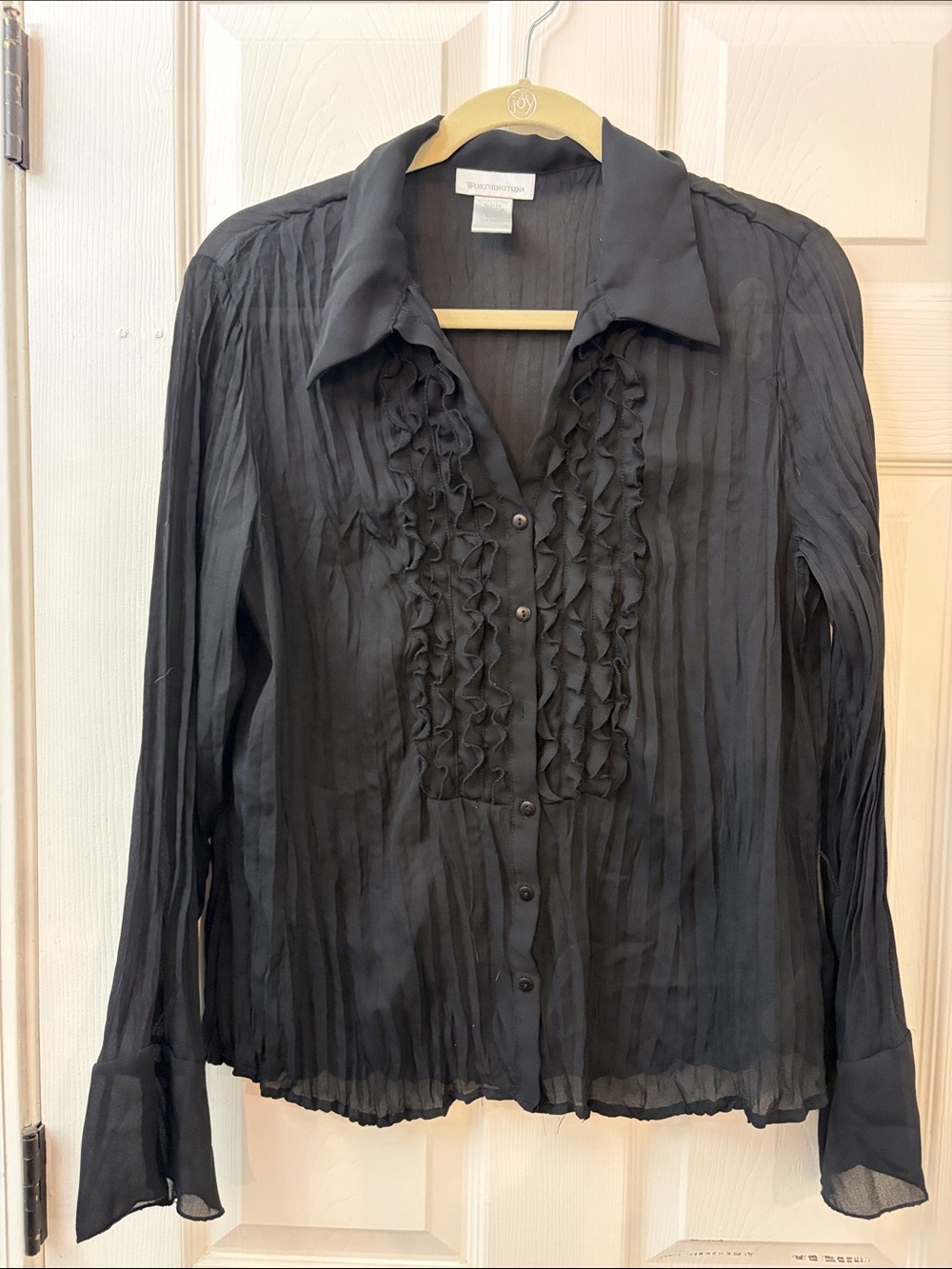 Worthington Black Sheer Ruffle-Front Button Down Blouse